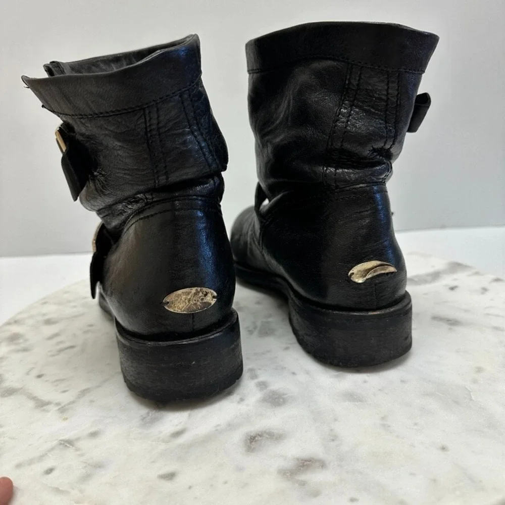 Jimmy‎ Choo Biker Boot Womens 39 9 Black Leather Ankle Buckles Pull On Moto Edgy